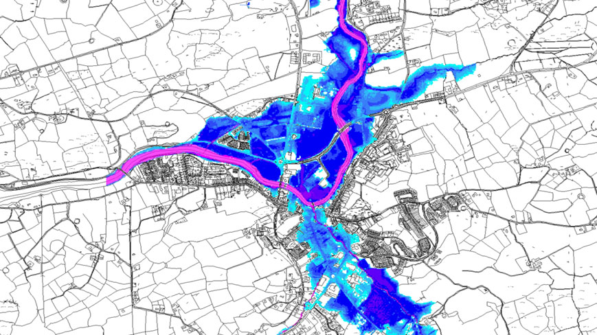 A map of Skibbereen with high flood risk areas marked in shades of blue
