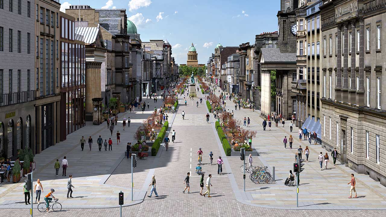 A vibrant urban street scene filled with pedestrians and cyclists, featuring historic buildings and greenery