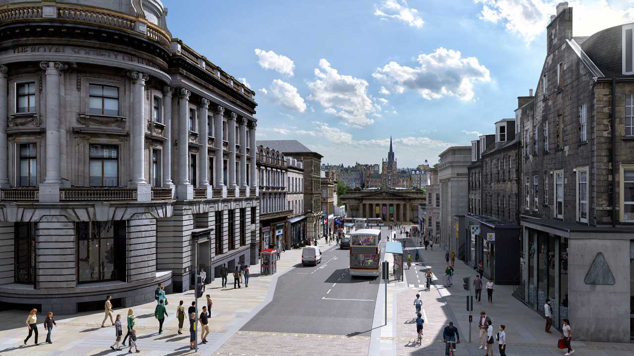 A bustling urban street scene featuring historic buildings, pedestrians, and a bus in the foreground