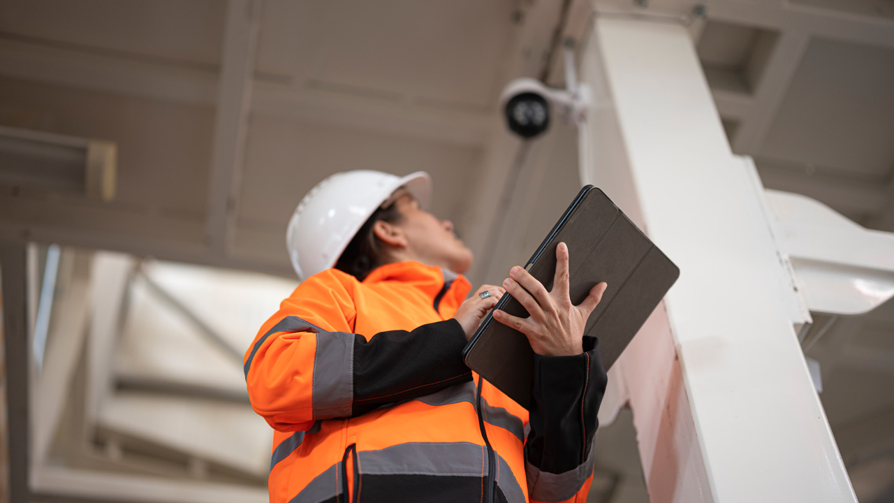 Image of a person in an orange vest and a hardhat wholding a tablet looking up at a security camera inside a building