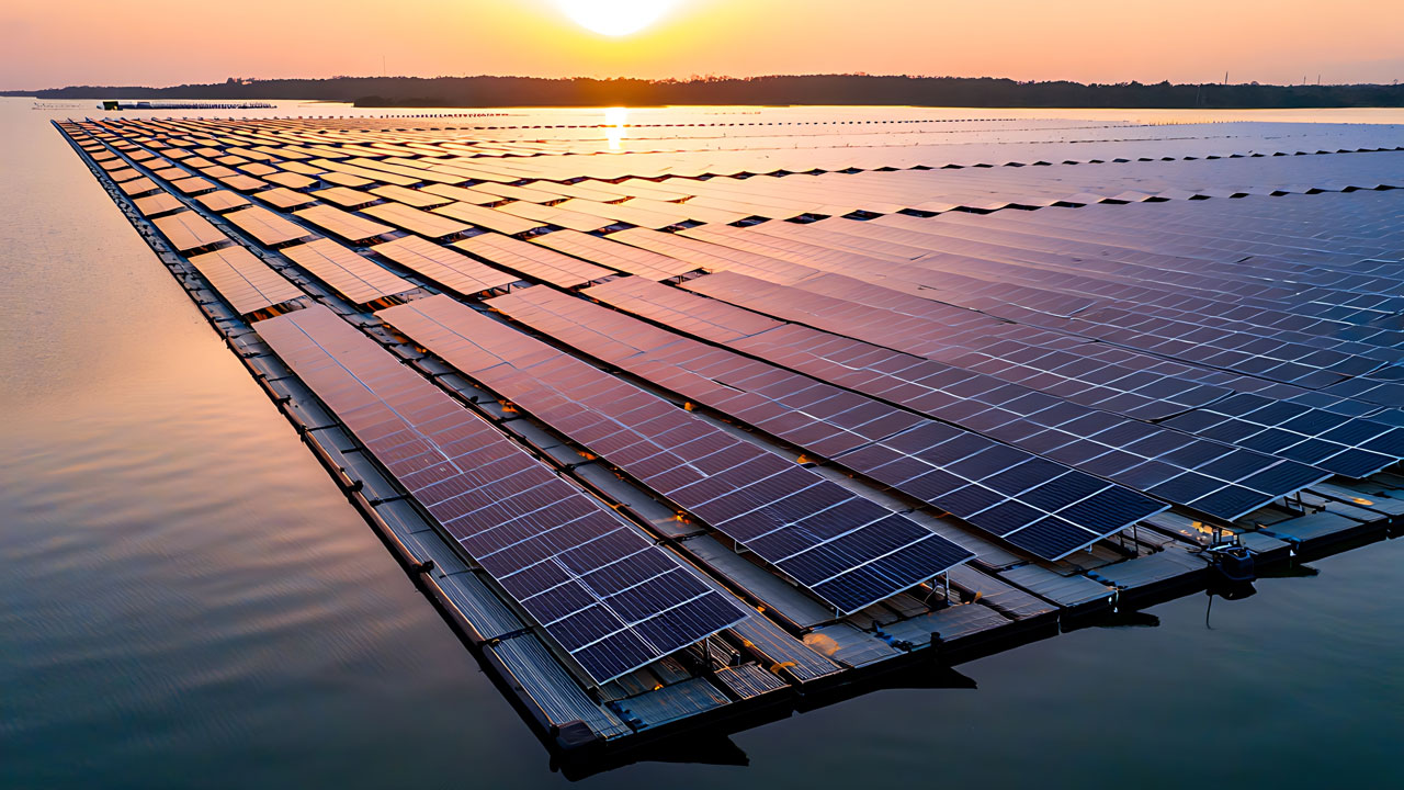 Vast expanse of solar panels on water at sunset