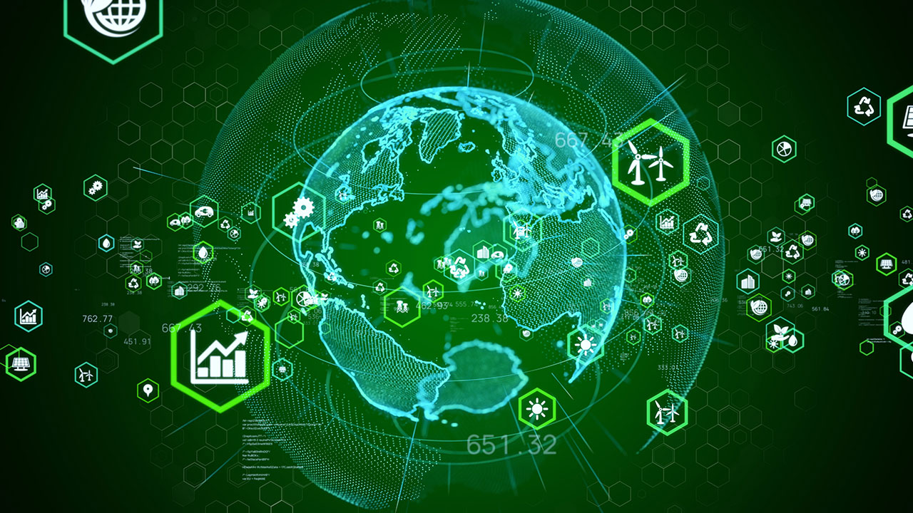 Abstract global climate change solution concept, depicting a digital representation of a green globe