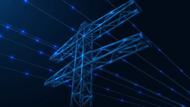 Digital rendering of a transmission tower and lines with blue glowing dots on a dark background