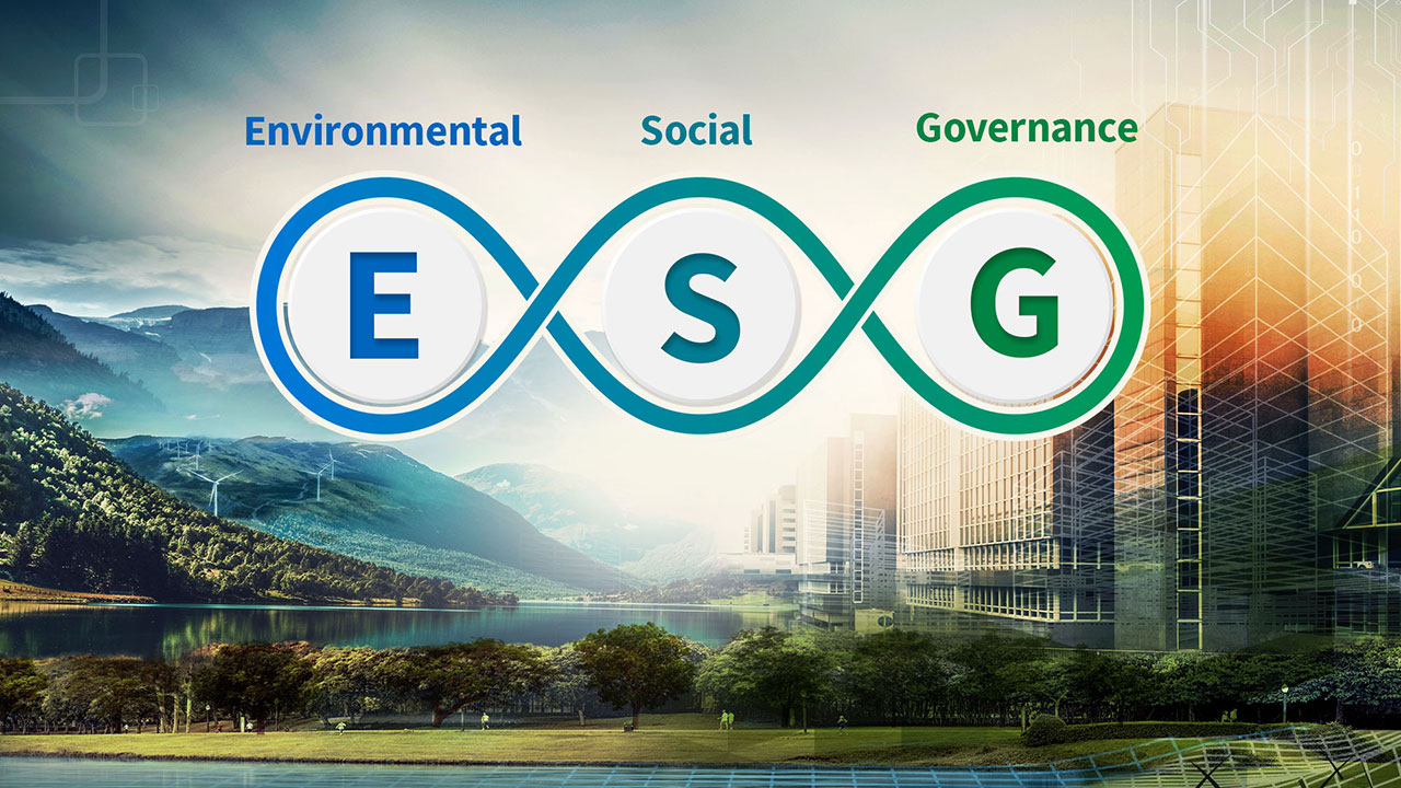 A landscape featuring modern buildings, lakes, mountains, and forests with the words Enviornmental, Social, Governance above the acronym "ESG"
