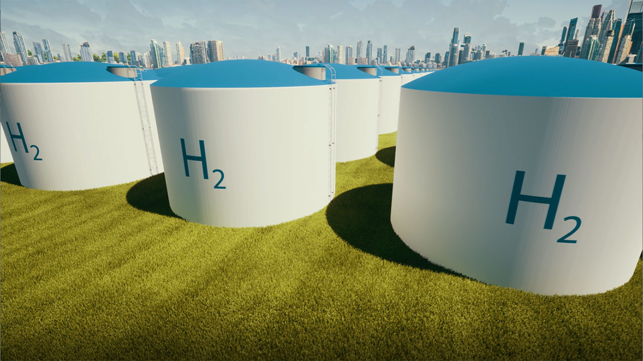 Rendering of round tanks at a hydrogen plant with an urban area in the background