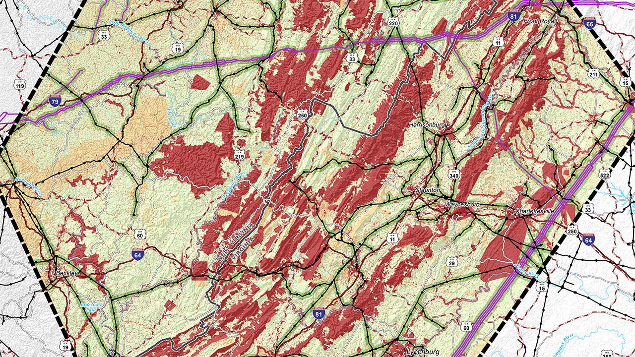 Tetra Tech-created constraints map with information represented in red, green, and purple