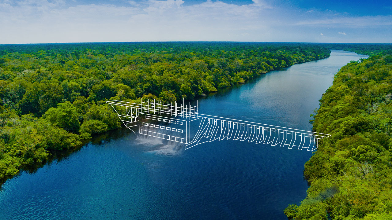 Hydropower facility sketched in white on blue river with tree-lined shore represents planning services