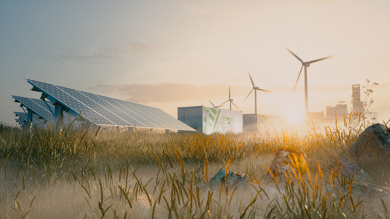 Solar panel, battery storage, and wind turbines in a foggy, grassy field