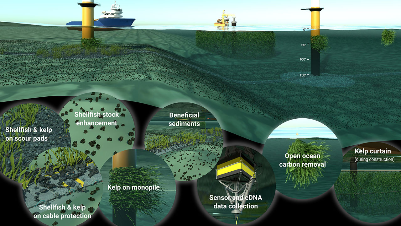 Rendering of offshore wind lease area environment with highlights of nature-based solutions capabilities
