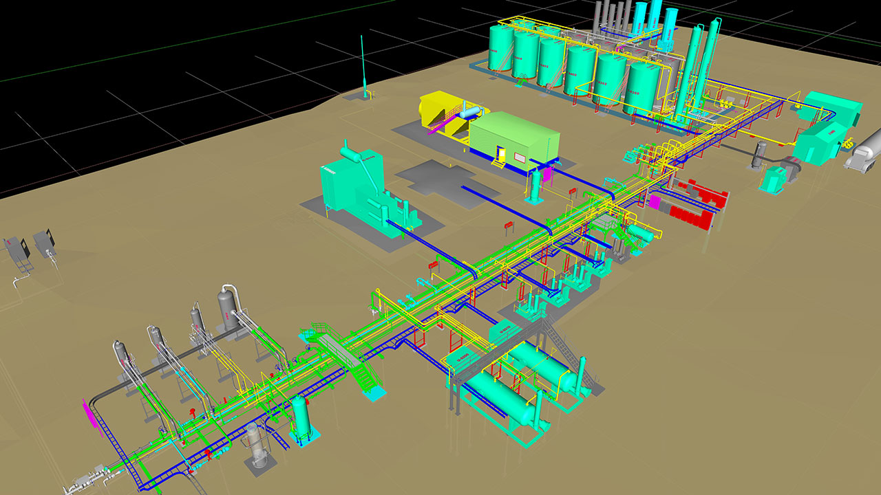Multicolored 3D rendering of processing facility created by Tetra Tech oil and gas engineers
