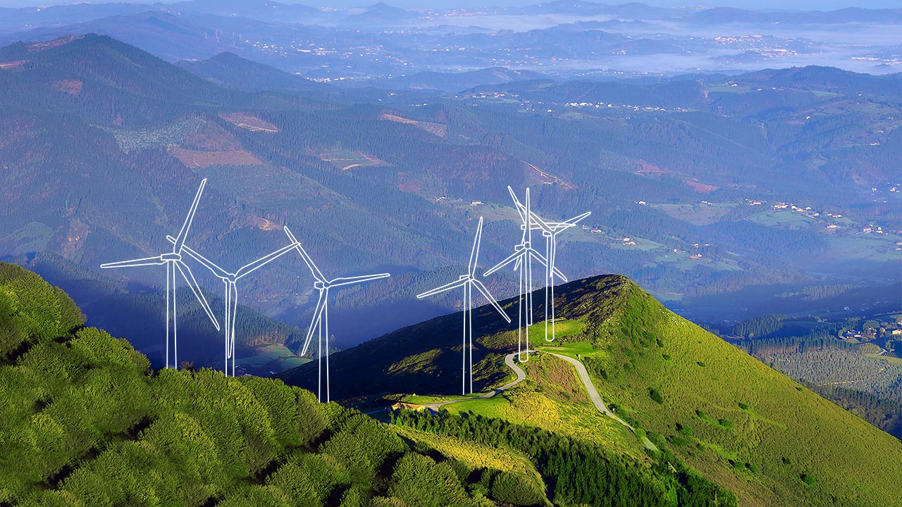 Mountain ridge with wind turbines drawn in white represents Tetra Tech’s onshore wind planning and siting services