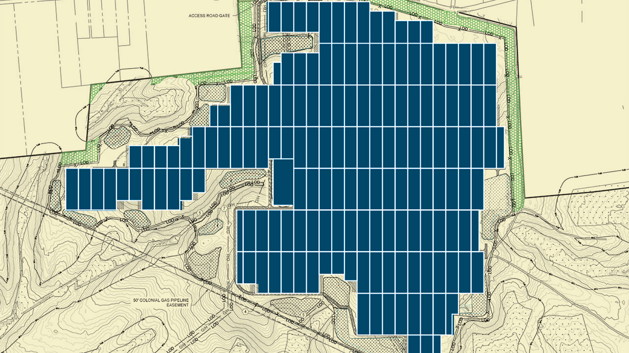 Solar site layout in blue with topographic elements in cream and green created by Tetra Tech renewable energy engineers