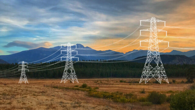 White line drawing of transmission lines and towers over a mountainous landscape