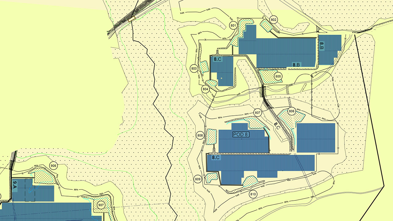 Solar site layout in blue with topographic elements in cream created by Tetra Tech renewable energy engineers