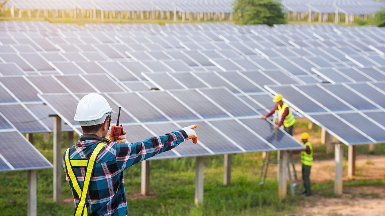 Workers install solar panels in a large array