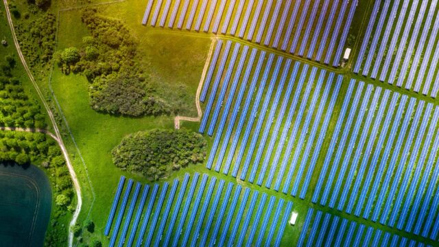 Overhead view of a solar panel grid