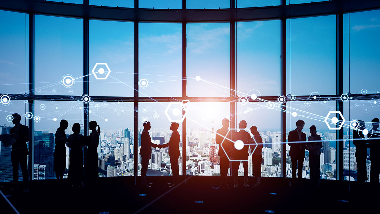 Silhouettes of people in front window panels with data elements representing utility management consulting