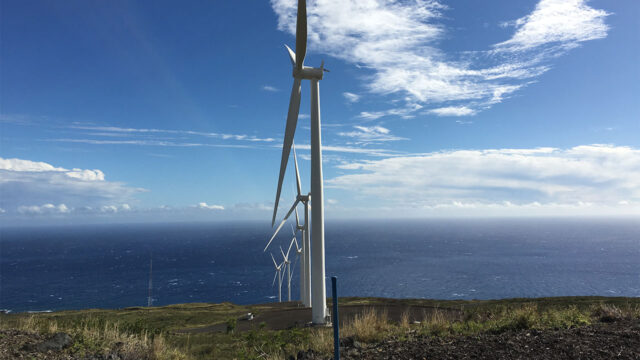 A row of turbines at the Tetra Tech-supported Auwahi Wind facility in Hawaii
