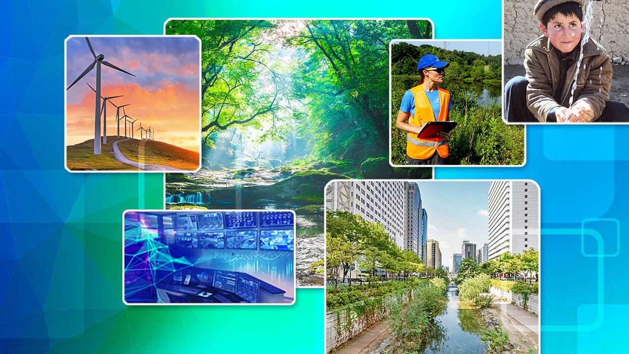 A blue-green background with wind turbines, two landscapes, digital data, a safety employee, and a child catching water