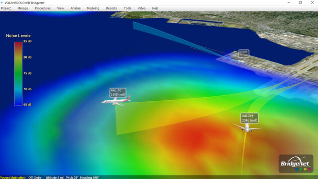 3D display of flight path and colored noise levels generated by Volans environmental analysis and design tool