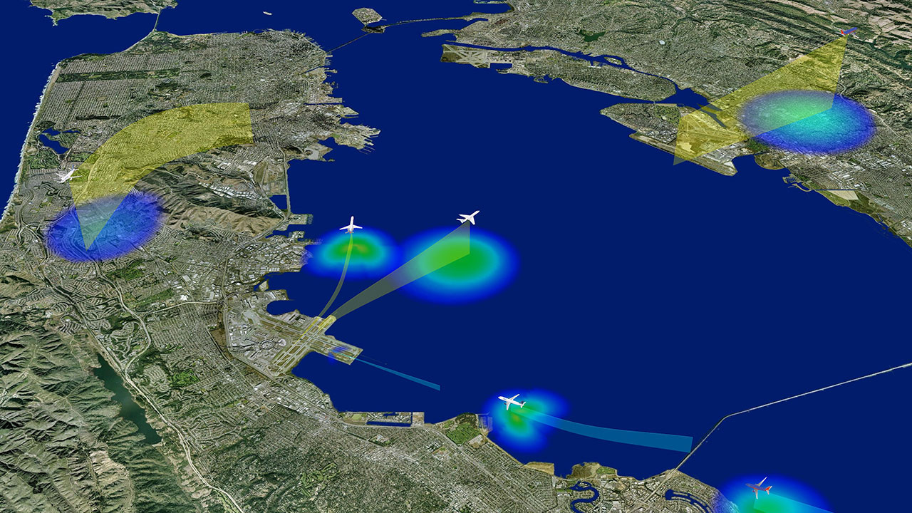 3D display of multiple aircraft flight paths and noise levels generated by Volans environmental analysis and design tool