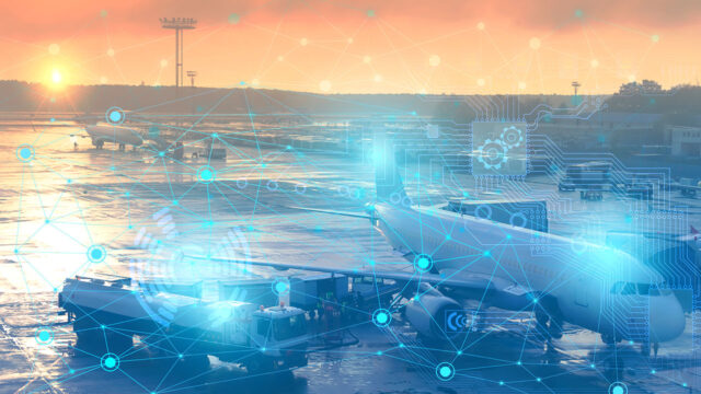 Airplane at terminal gate with overlaid connecting lines and points