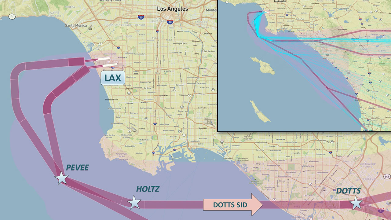 Map showing airspace in Southern California, detailing departure routes from LAX and concentrated ground tracks