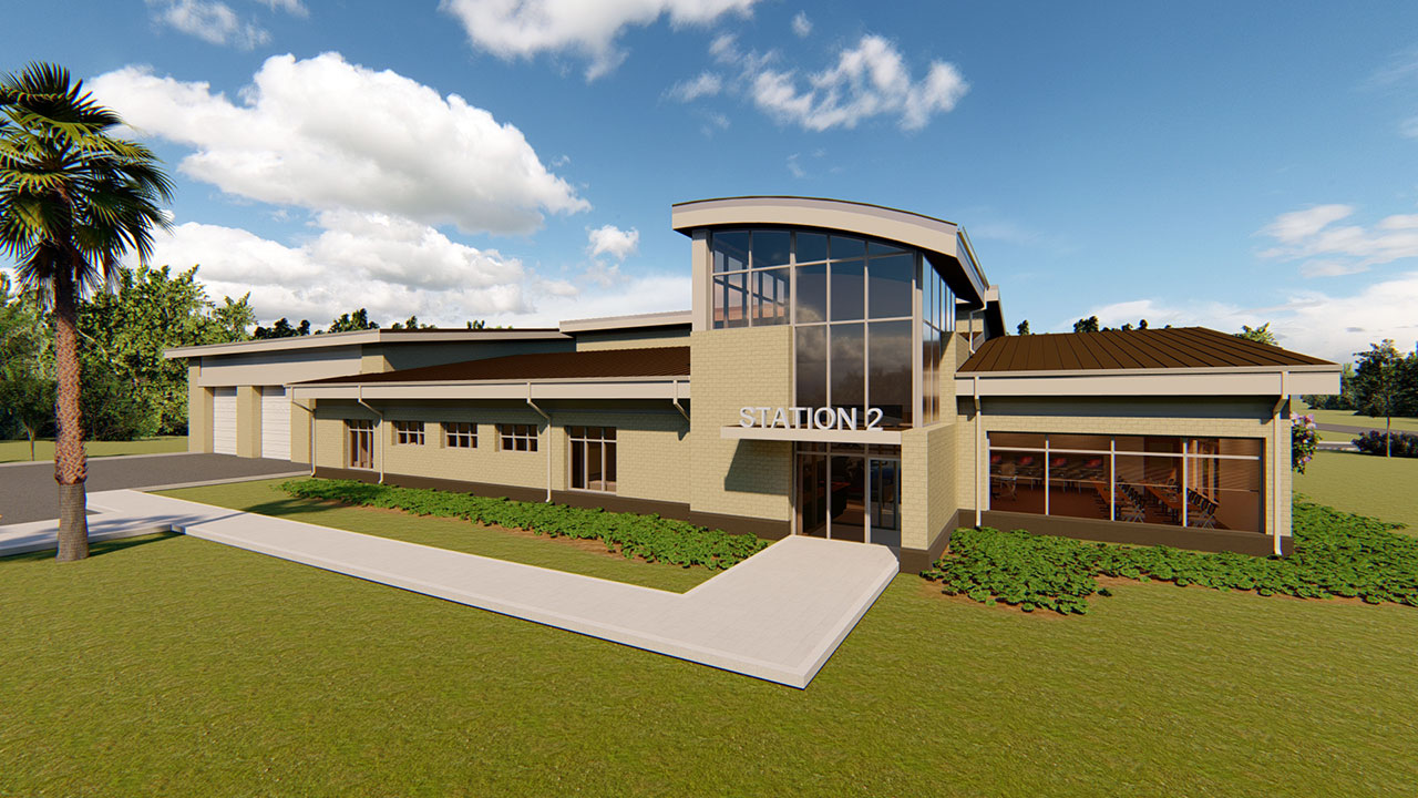 3D rendering of a station with a blue sky in the background