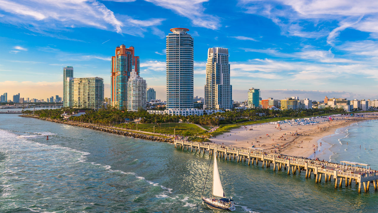 Aerial shot of Miami Beach, Florida, where Tetra Tech has designed adaptation solutions to promote climate resilience