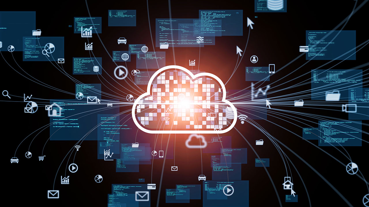 Cloud computing concept depicted by a centered floating cloud with webs connecting to internet concepts