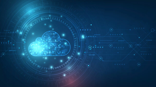 Cloud computing concept depicted by blue technical background and floating cloud