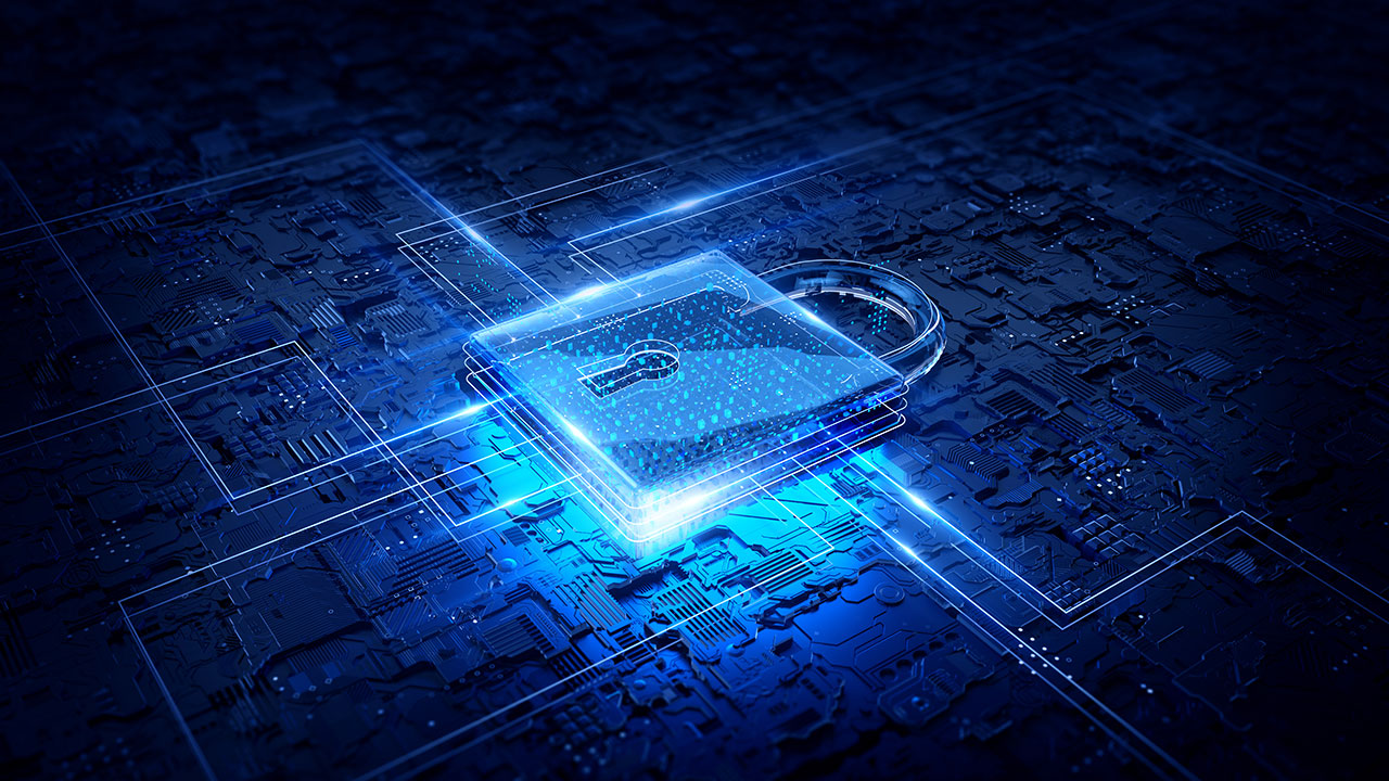 Digital padlock security data with connections on dark blue technology background