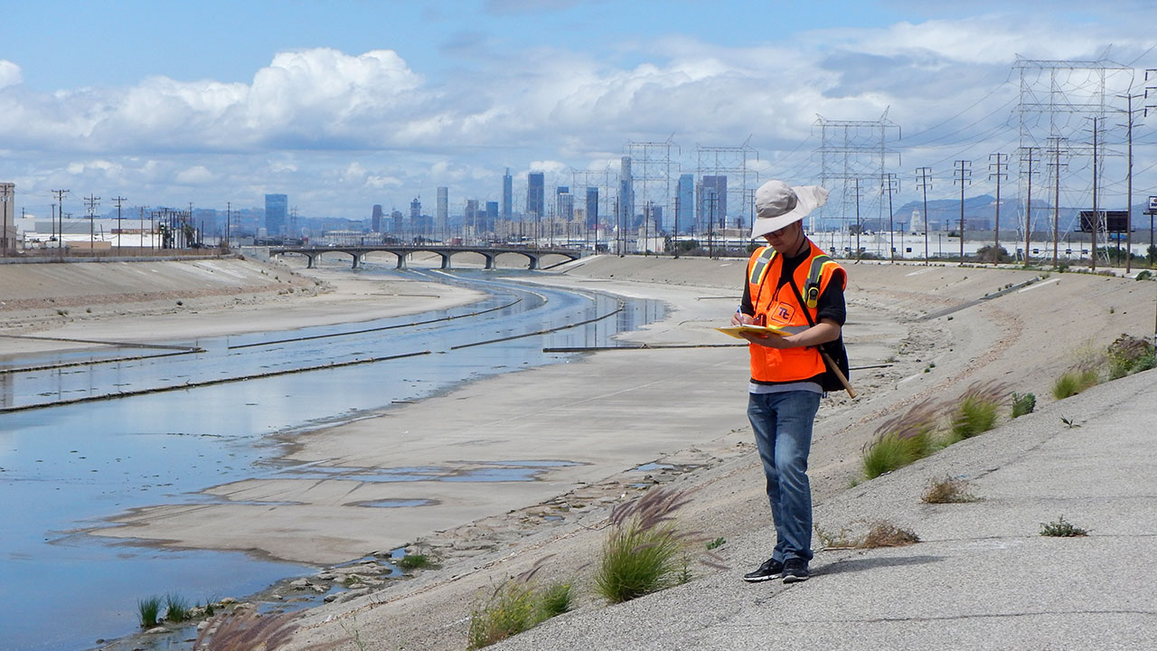 Inspecting an urban levee along the Los Angeles River