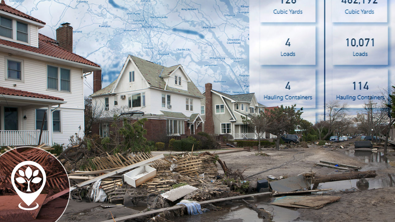 Debris-lined street with debris management statistics superimposed on image