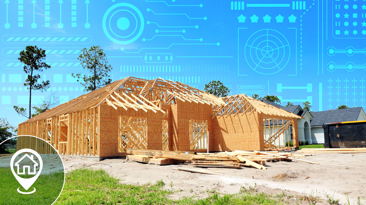 New home construction with graphs superimposed in background