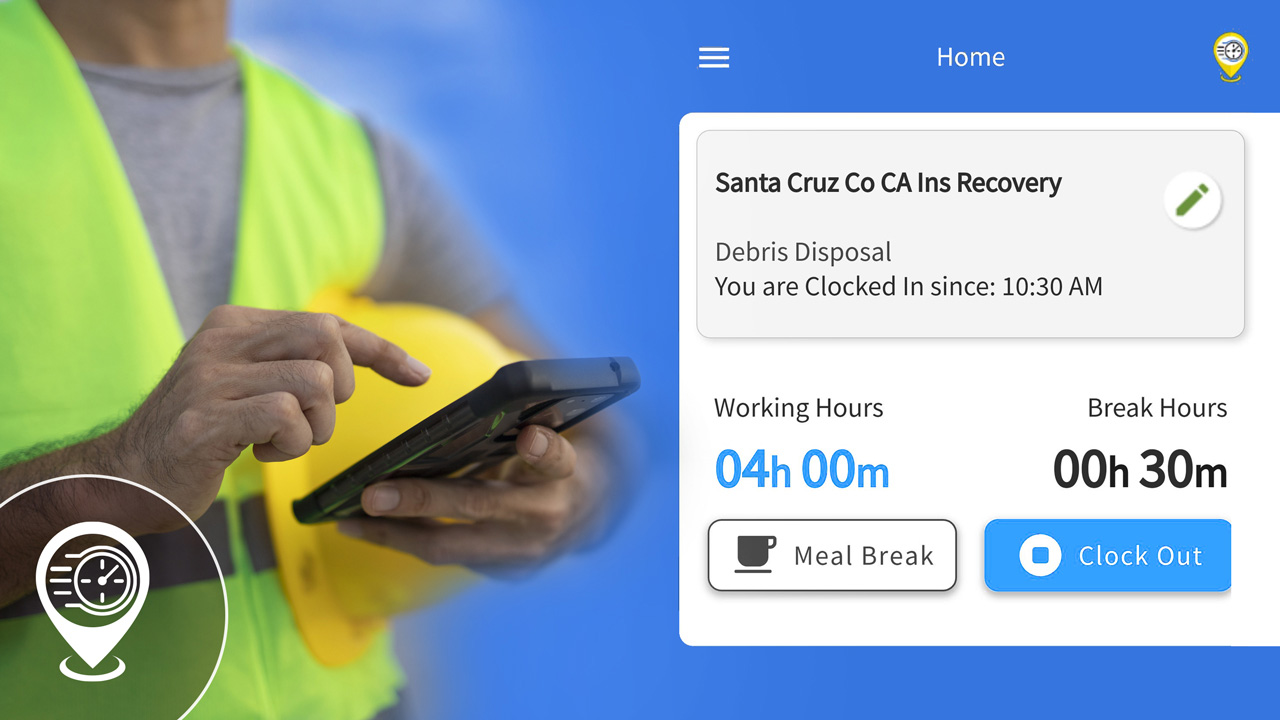 Employee in high-visibility safety vest holding hard hat uses smart device, with time-entry details shown on side