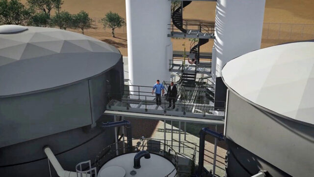 A video screenshot showing a 3D rendering of two people at a water treatement plant