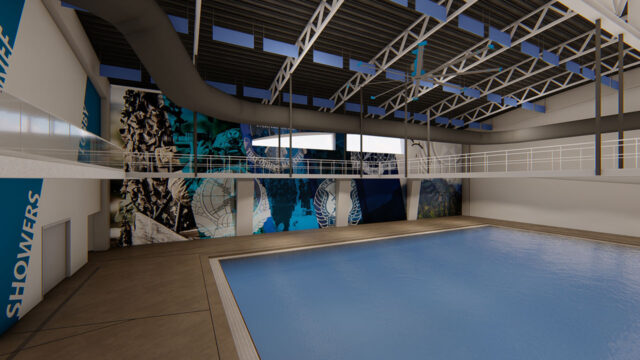 Rendering of a tank at the Special Warfare Training Group Aquatics Tank Facility, with view of observation catwalks