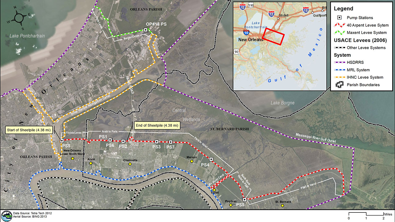 A map from the National Levee Database displaying levee systems and associated data from multiple Louisiana parishes