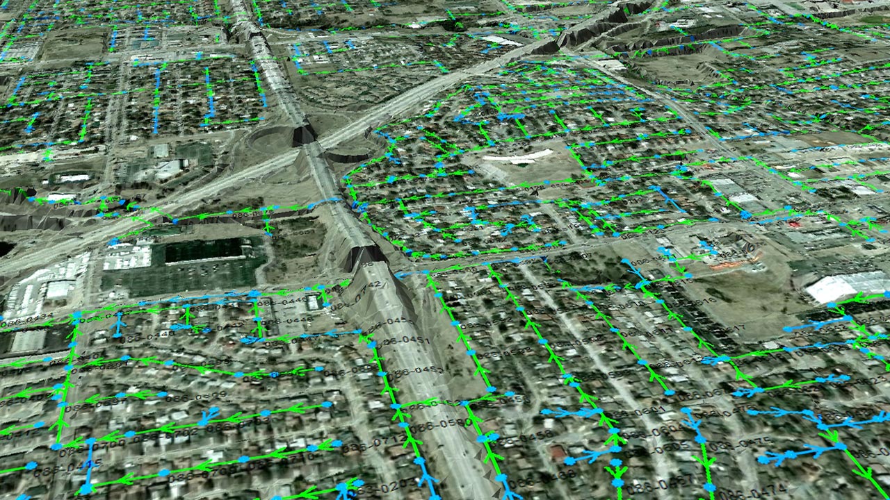 A 3D, aerial view of a real-time control water system below a city