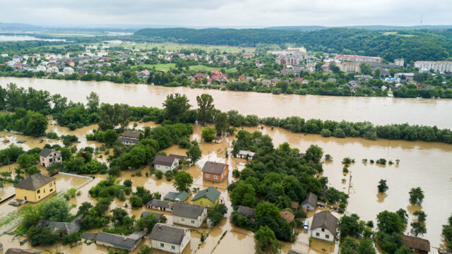 Aerial view of flooded homes