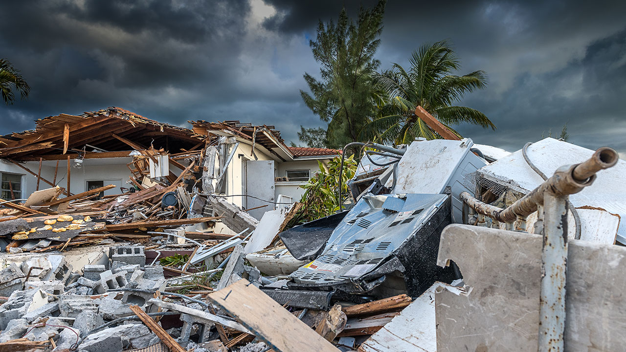 Pile of building debris caused by a hurricane