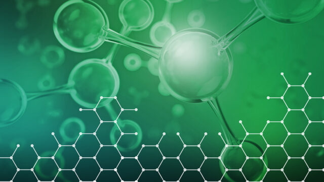 Green graphic depicting abstract molecule structures