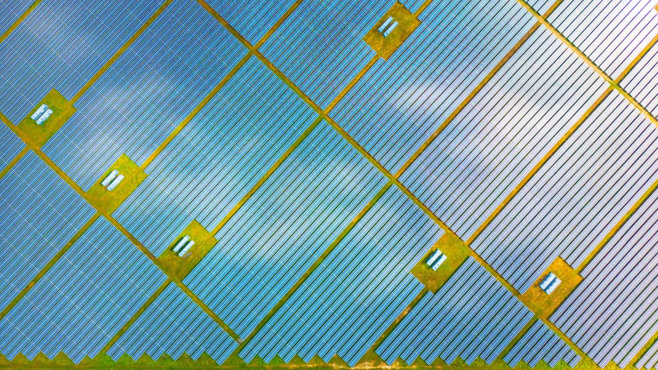 Stock photo of solar farm from above, diagonal fields of blue solar panels on green grass