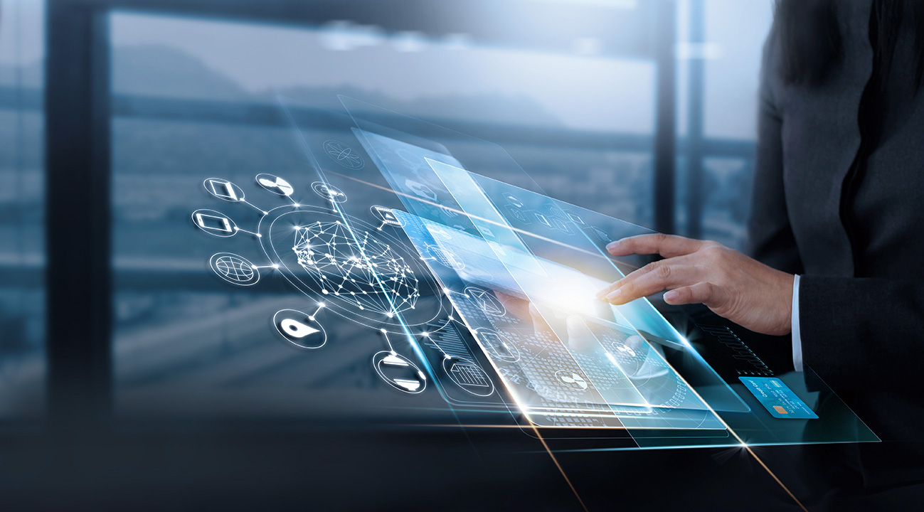 Woman pointing at floating digital interface screens and icons representing data concepts