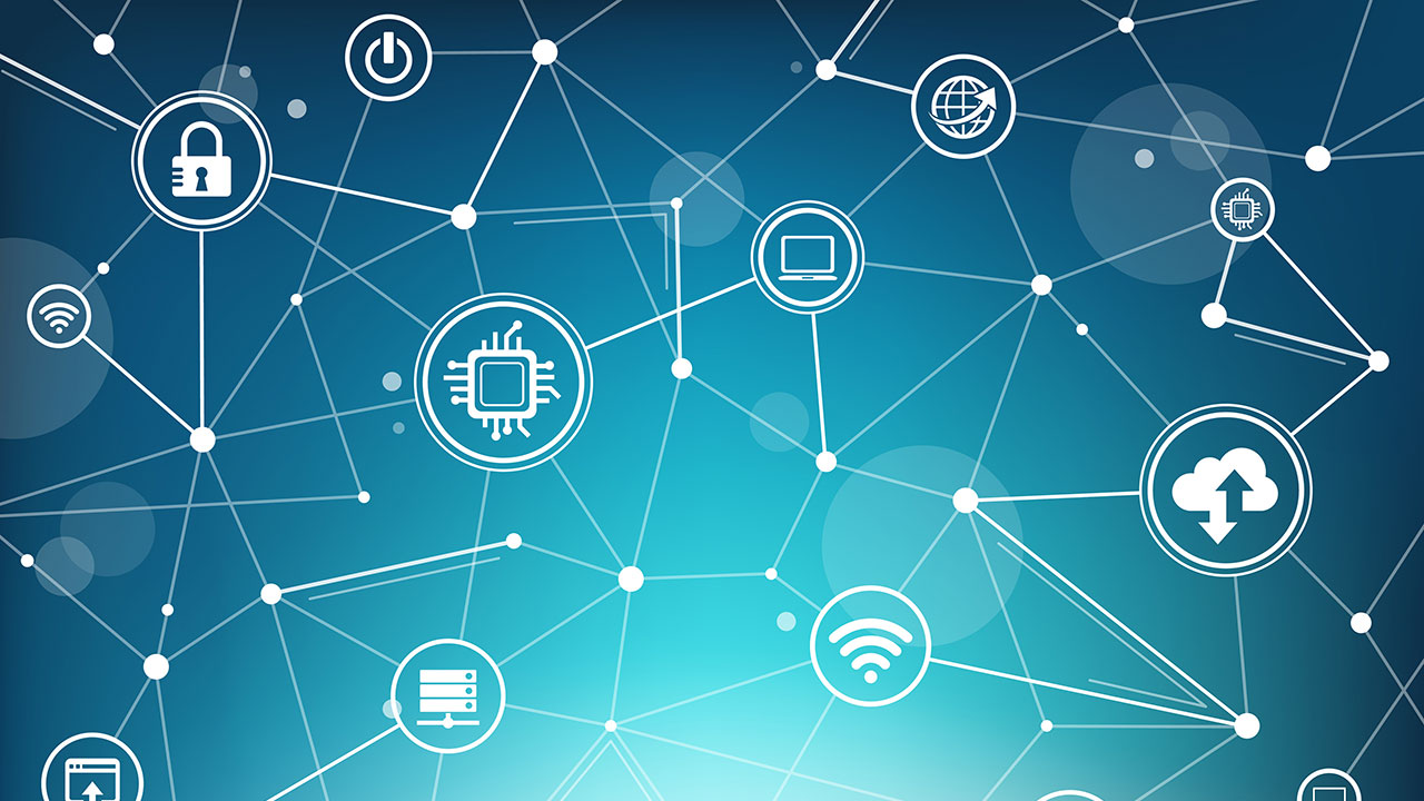 Graphic depicting connecting lines and circles to represent advanced IT solutions