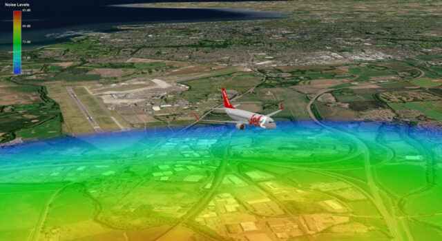Map with 3D aviation path and noise levels generated by Tetra Tech’s Volans software