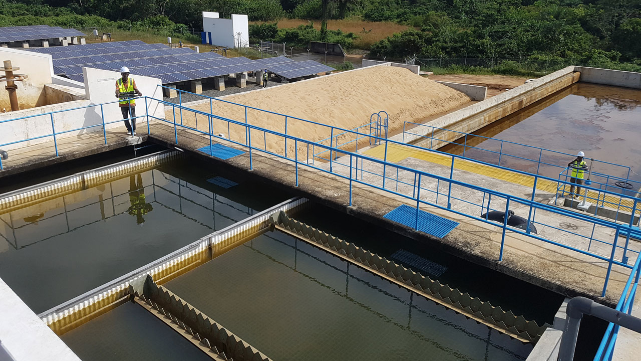 An aerial view of a water treatment plant in Liberia