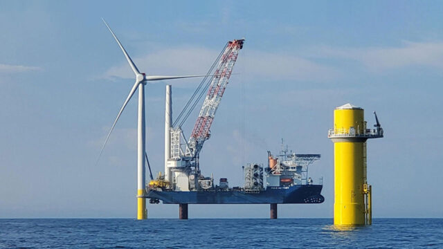 Jack-up vessel installing the wind turbine generators at the CVOW Pilot Project in 2020