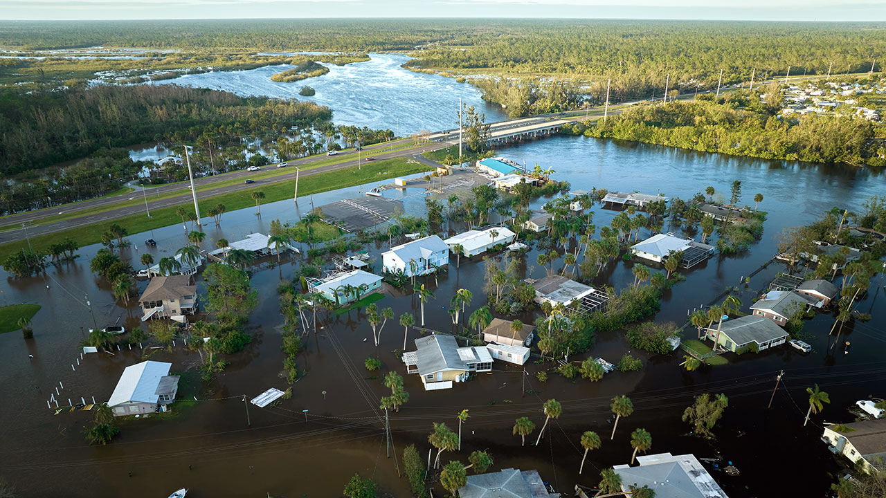 Residential area flooded by a hurricane